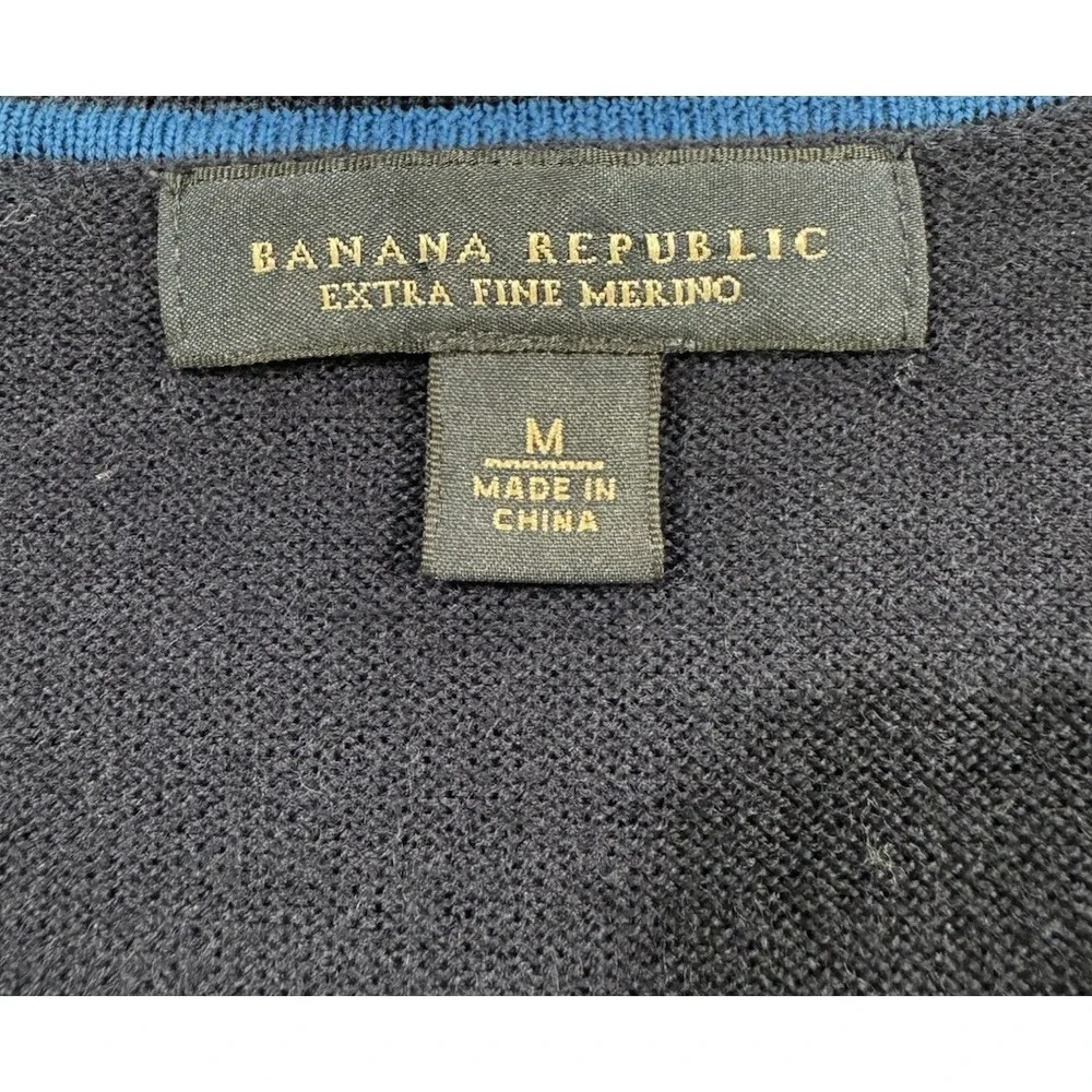 Banana Republic Extra Fine Merino Wool‎ Sweater Mens M Navy Blue V Neck Argyle